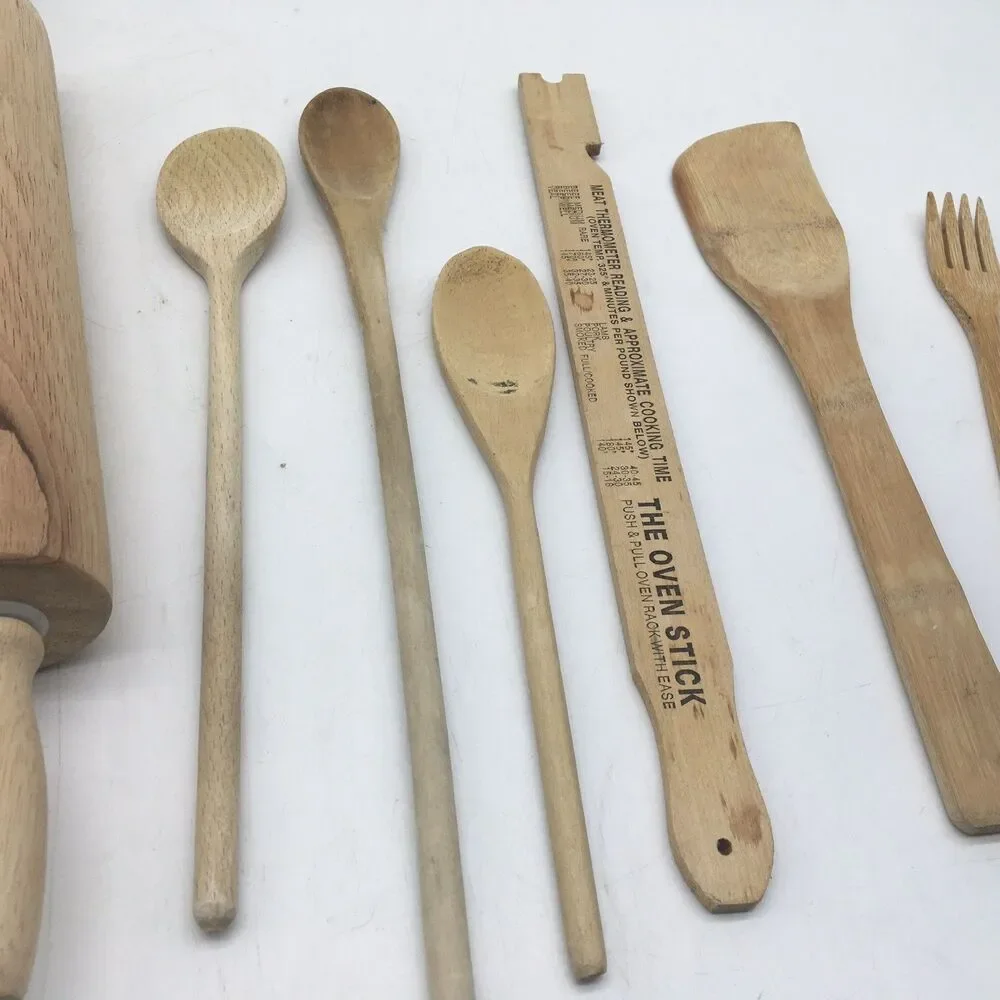 Vtg Lot Of 9 Wooden Kitchen Utensils Fork Wooden spoon Spatula Rolling Pin